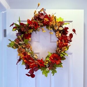 Autumn Harvest Wreath with Red, Orange and Yellow Flowers